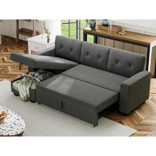 Linen Fabric Furniture for Living Room Sofa Bed Reversible Convertible Sleeper Pull Out Couches With Storage Chaise Sofas