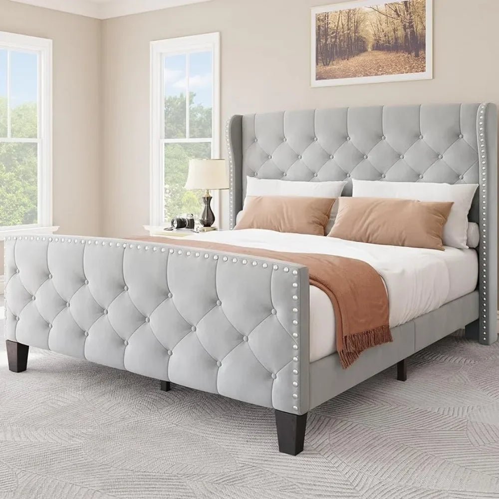 King Size Platform Bed With Grey Velvet Headboard & Footboard No Box Spring Needed